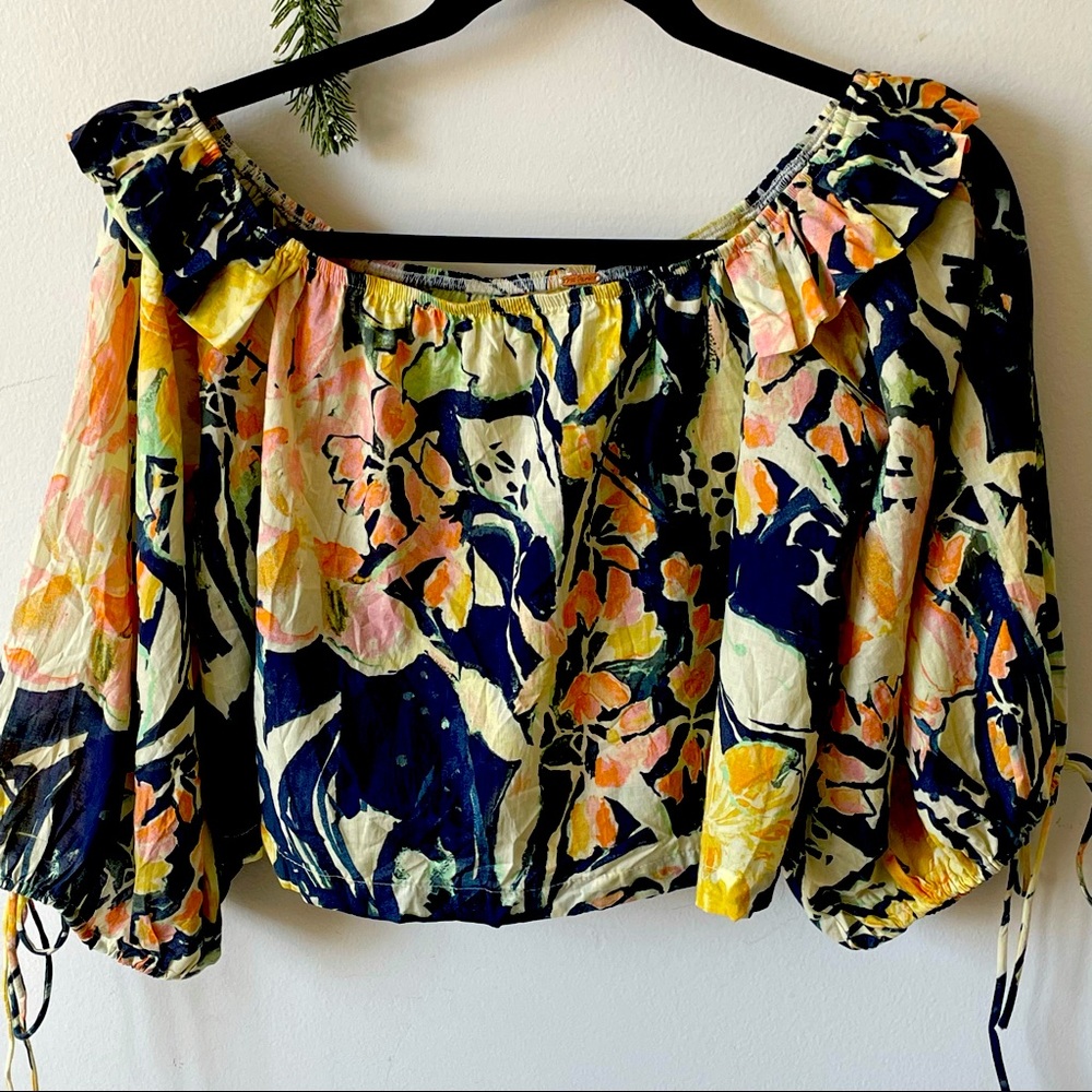 Free People Cotton 3/4 Sleeves Floral Crop Top. Size Small